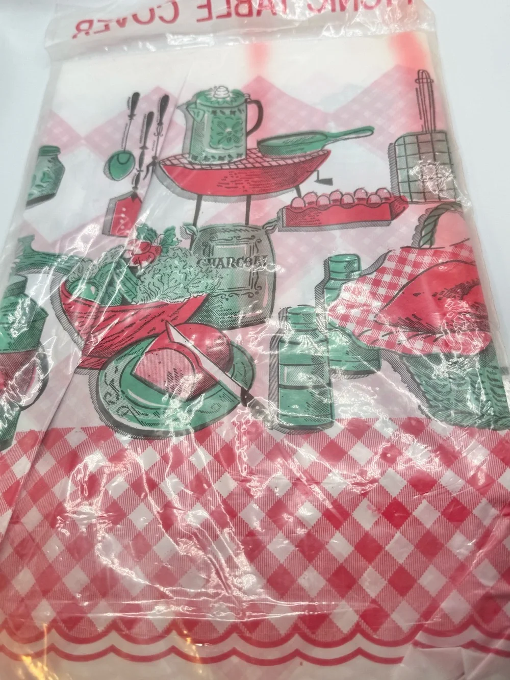 Vintage Carnation Picnic Tablecloth Plastic 54”x 108” Red BBQ Pattern Prop Retro